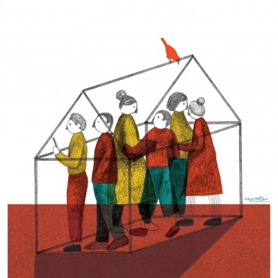 Ilustração de seis figuras dentro da estrutura de uma casa com um pássaro no telhado