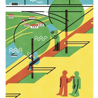 Pôster ilustrado de parque com árvores, linha ferroviária, duas figuras humanas e texto 'MIRADOURO DAS FONTAINHAS'.