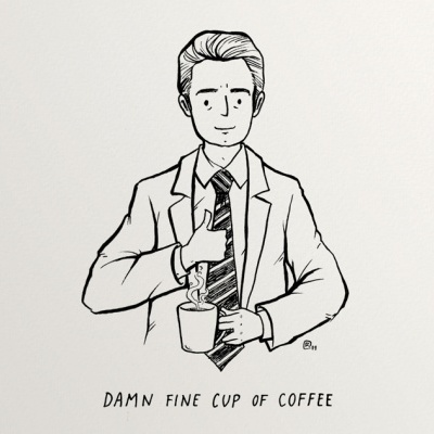Desenho preto e branco de homem com chávena de café e texto 'DAMN FINE CUP OF COFFEE'.