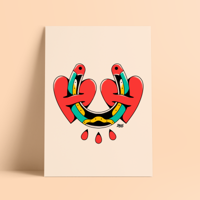 Cartaz com ilustração pop art de coração partido com serpente no centro