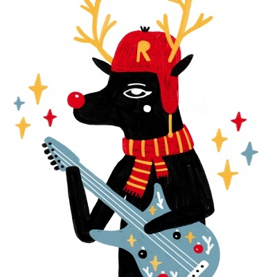 Ilustração de rena preta com chapéu vermelho 'R', cachecol, guitarra azul e estrelas coloridas