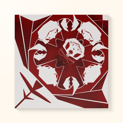 Imagem gráfica abstrata em branco e vermelho com faces estilizadas e padrão simétrico