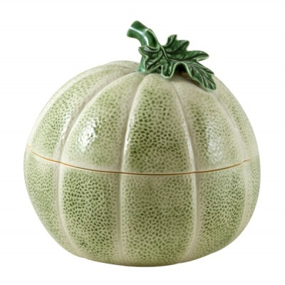 Pote cerâmico em forma de abóbora verde com tampa e detalhes de caule e folha