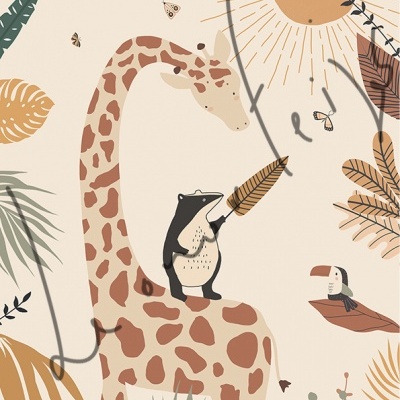 Ilustração de girafa, texugo e tucano em um cenário de folhas e sol