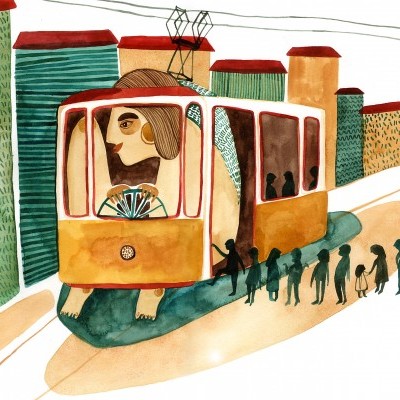 Ilustração artística de elétrico amarelo com mulher grande ao volante e pessoas à espera em fundo urbano