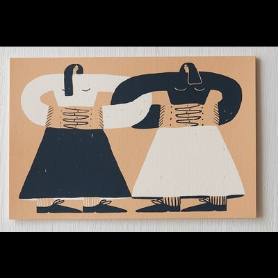 Pintura em tela de duas figuras femininas estilizadas em vestidos com fundo bege