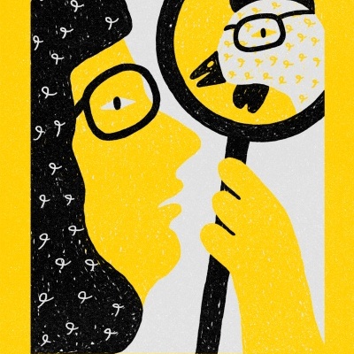 Ilustração estilizada de pessoa a segurar espelho que reflete uma galinha com óculos