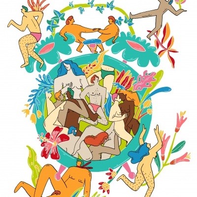 Ilustração colorida de várias figuras humanas estilizadas com elementos tropicais