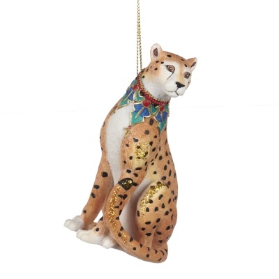 Ornamento de leopardo decorativo com coleira colorida e fio dourado