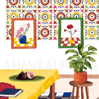 Mesa amarela com planta em vaso vermelho, dois quadros florais e azulejos coloridos na parede