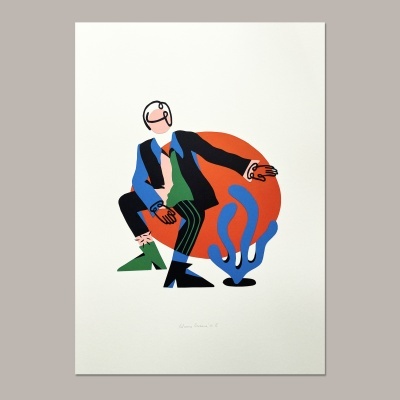 Ilustração estilizada colorida de figura humana com formas abstratas ao fundo