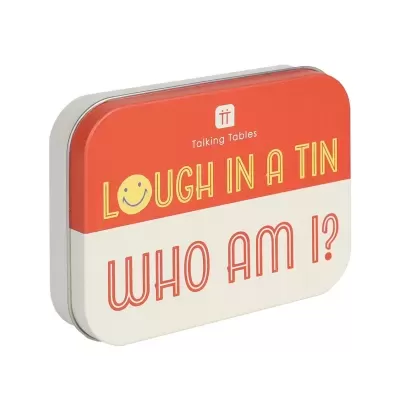 Lata metálica vermelha e branca com texto LOUGH IN A TIN e WHO AM I?.