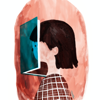 Ilustração de pessoa em camisa xadrez olhando para um espelho azul na parede alaranjada