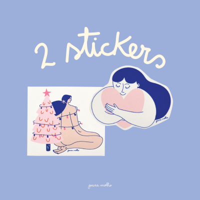 Dois autocolantes artísticos com figuras femininas e texto 