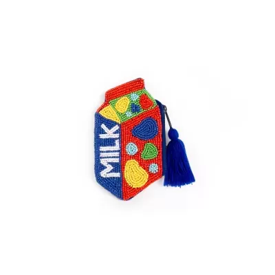Bolsa colorida em forma de embalagem de leite com contas e tassel azul.