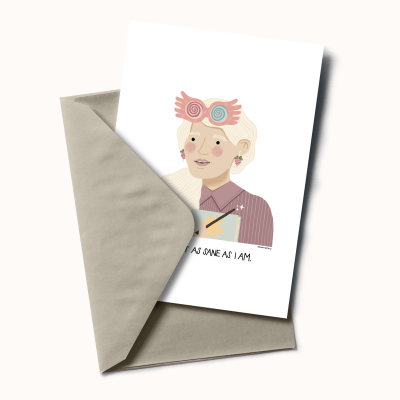 Cartão ilustrado com pessoa loira de óculos dentro de envelope cinzento