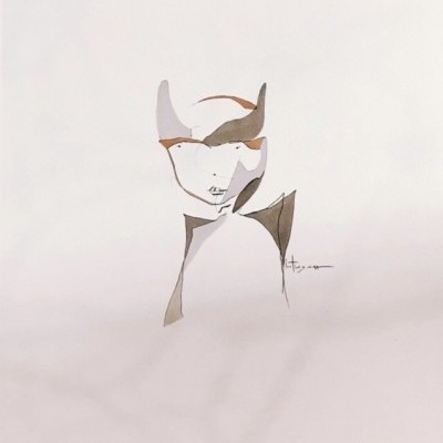 Desenho abstrato de um rosto humano com formas geométricas e cores neutras