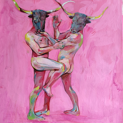 Pintura de duas figuras humanas com cabeças de touro e fundo rosa