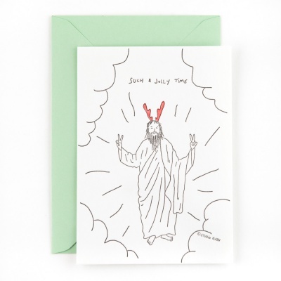 Cartão com ilustração religiosa, texto e envelope verde