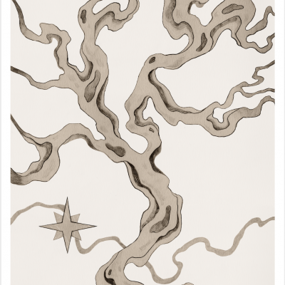 Desenho artístico de árvore com ramos ondulados e estrela de oito pontas