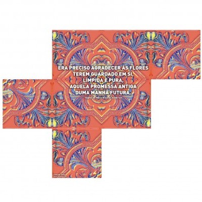 Caixa de papel dobrada com padrão colorido e texto em português