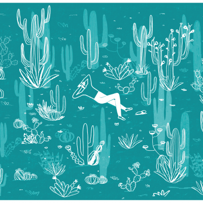 Ilustração com desenhos de cactos brancos sobre fundo azul com figura humana estilizada