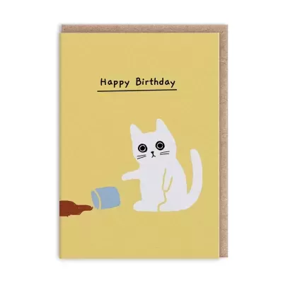 Cartão de aniversário amarelo com ilustração de gato branco e texto Happy Birthday