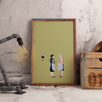 Quadro emoldurado com ilustração de três mulheres, lâmpada industrial e caixa de madeira