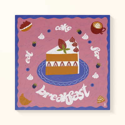 Ilustração de uma fatia de bolo com decoração e texto associado a comida e café