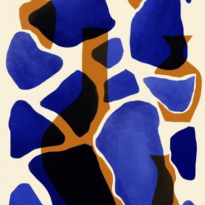 Imagem abstrata com formas azuis, pretas e castanhas sobre fundo bege