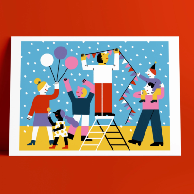 Postal/carta ilustrado com pessoas em festa, balões e bandeirolas sobre fundo azul e amarelo.