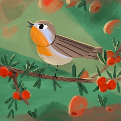 Ilustração digital de um pássaro sobre um ramo com bagas vermelhas