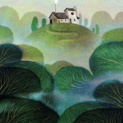 Ilustração de casa numa colina rodeada por arbustos e névoa