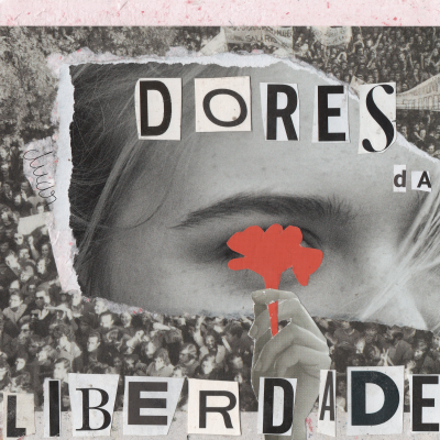 Colagem artística com rosto em preto e branco, letras recortadas e flor vermelha