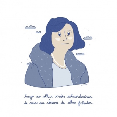 Desenho de mulher com casaco azul e colar de pérolas com texto manuscrito em português.