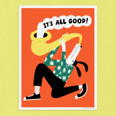 Ilustração de personagem com cabeça de cão tocando instrumento amarelo com mensagem ITS ALL GOOD!