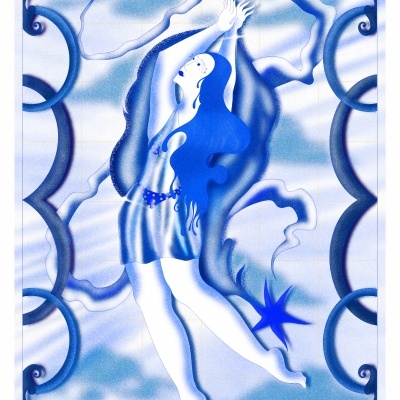 Ilustração azul e branca de uma figura feminina estilizada com vestido e cabelo azul