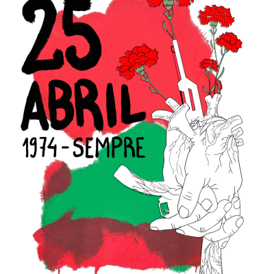 Ilustração com texto 25 ABRIL 1974 - SEMPRE e mãos com cravos vermelhos