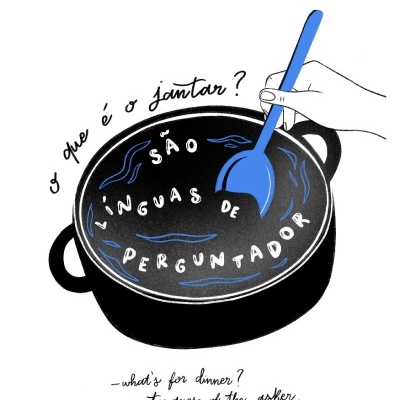 Ilustração de panela preta com colher azul e texto manuscrito dentro da panela