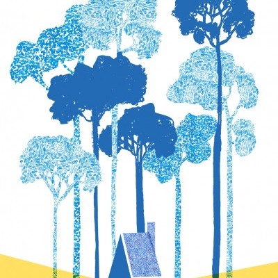 Ilustração de casa azul rodeada por árvores azuis num campo amarelo