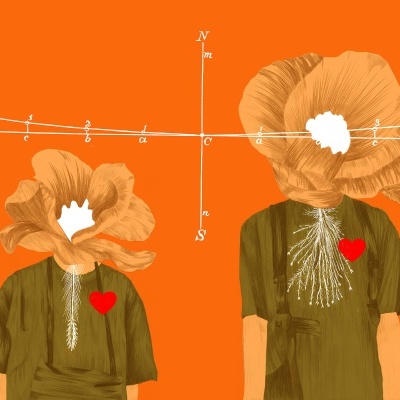 Ilustração de pessoas com flores no lugar da cabeça, vestindo roupas verdes, com gráfico matemático sobre fundo laranja.