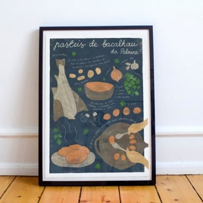 Póster ilustrado com receita de pastel de bacalhau em moldura preta apoiado no chão