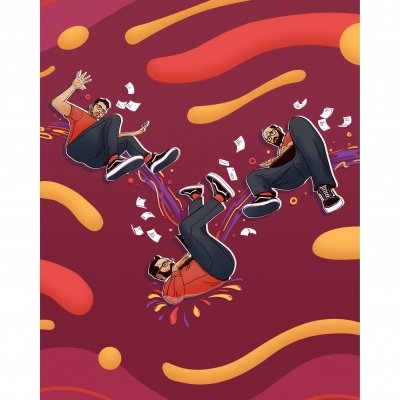 Ilustração digital de três homens a flutuar sobre fundo abstracto vermelho com formas laranja e folhas de papel.