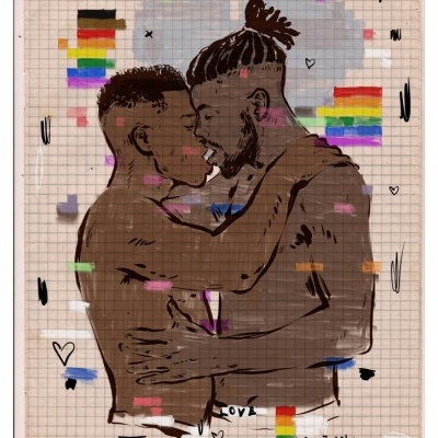 Ilustração de dois homens negros abraçados com fundo quadriculado e blocos de cores do arco-íris