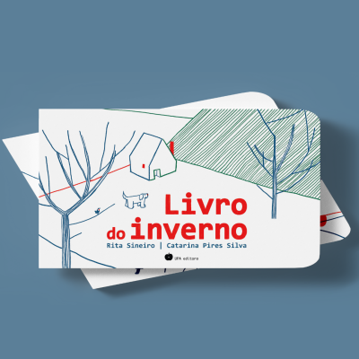 Livro infantil dobrável 'Livro do inverno' com ilustrações de inverno e texto em vermelho