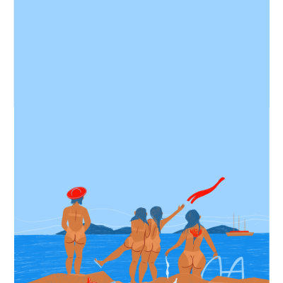 Quatro mulheres de costas numa praia rochosa azul com barco ao fundo e roupas espalhadas