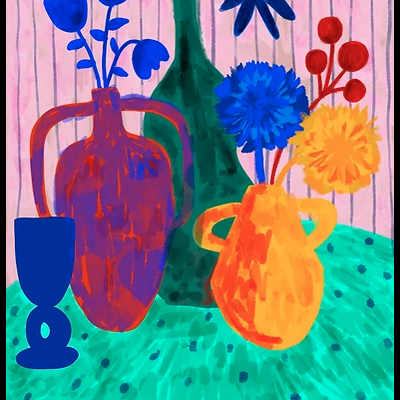 Arte digital com vasos coloridos e flores estilizadas sobre mesa verde e fundo rosa