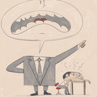 Desenho de homem com cabeça em forma de balão de fala grande e homem pequeno cansado numa cadeira