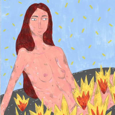 Ilustração de mulher nua sentada em recipiente preto rodeada de chamas amarelas e vermelhas sobre fundo azul claro