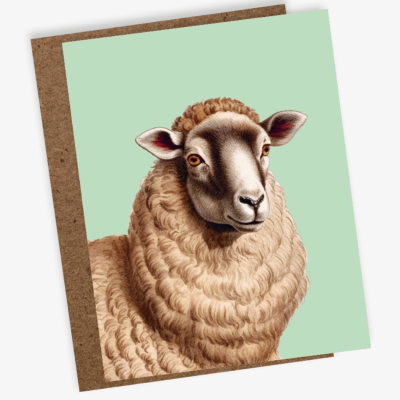 Cartão com ilustração de ovelha castanha clara e fundo verde